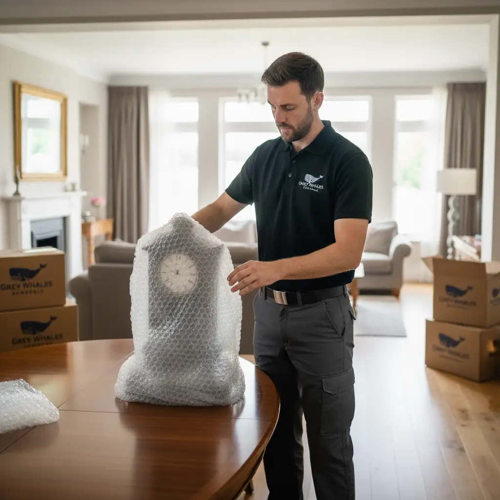 Grey Whales Removals mover carefully bubble-wrapping a fragile clock beside branded Grey Whales Removals moving boxes