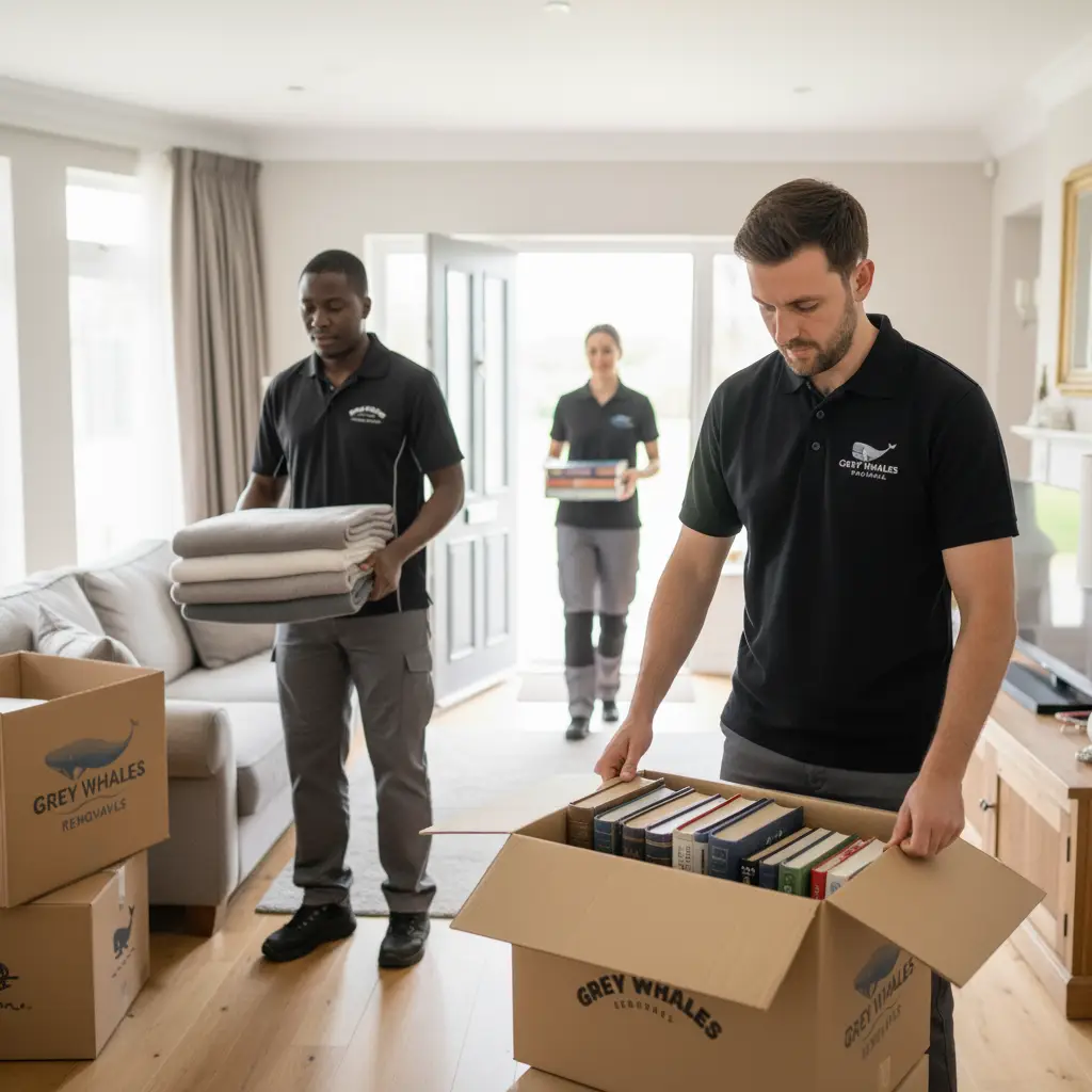 Grey Whales Removals team packing a Sydney home, carrying folded linens and boxing books labelled Grey Whales Removals