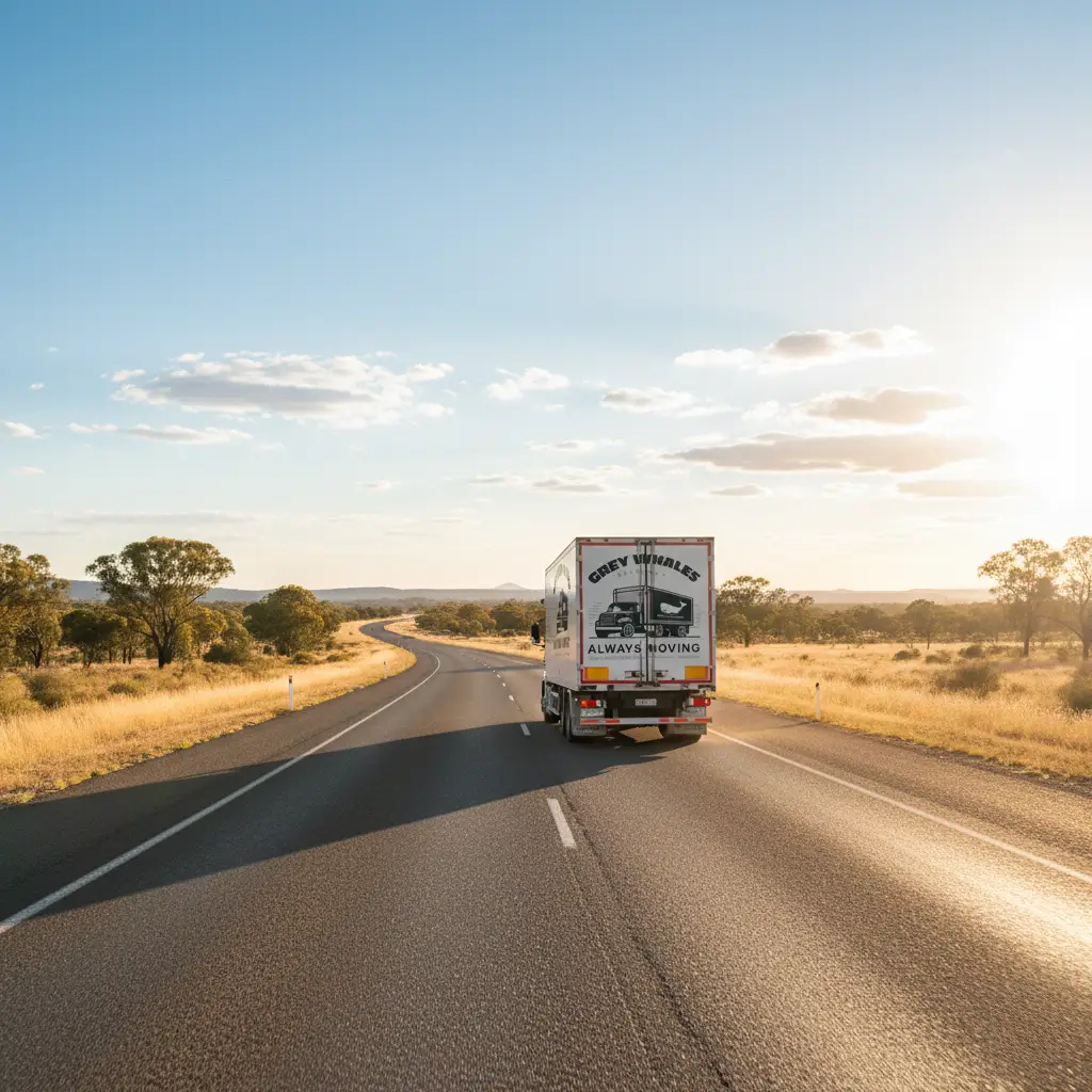 Grey Whales Removals interstate moving truck driving along a country highway at sunset for long-distance removals
