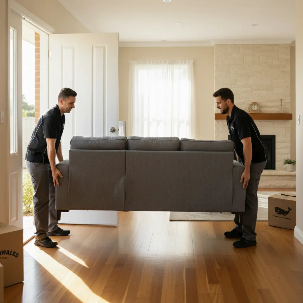 Two Grey Whales Removals movers carrying a grey sofa into a Sydney home past a Grey Whales Removals moving box