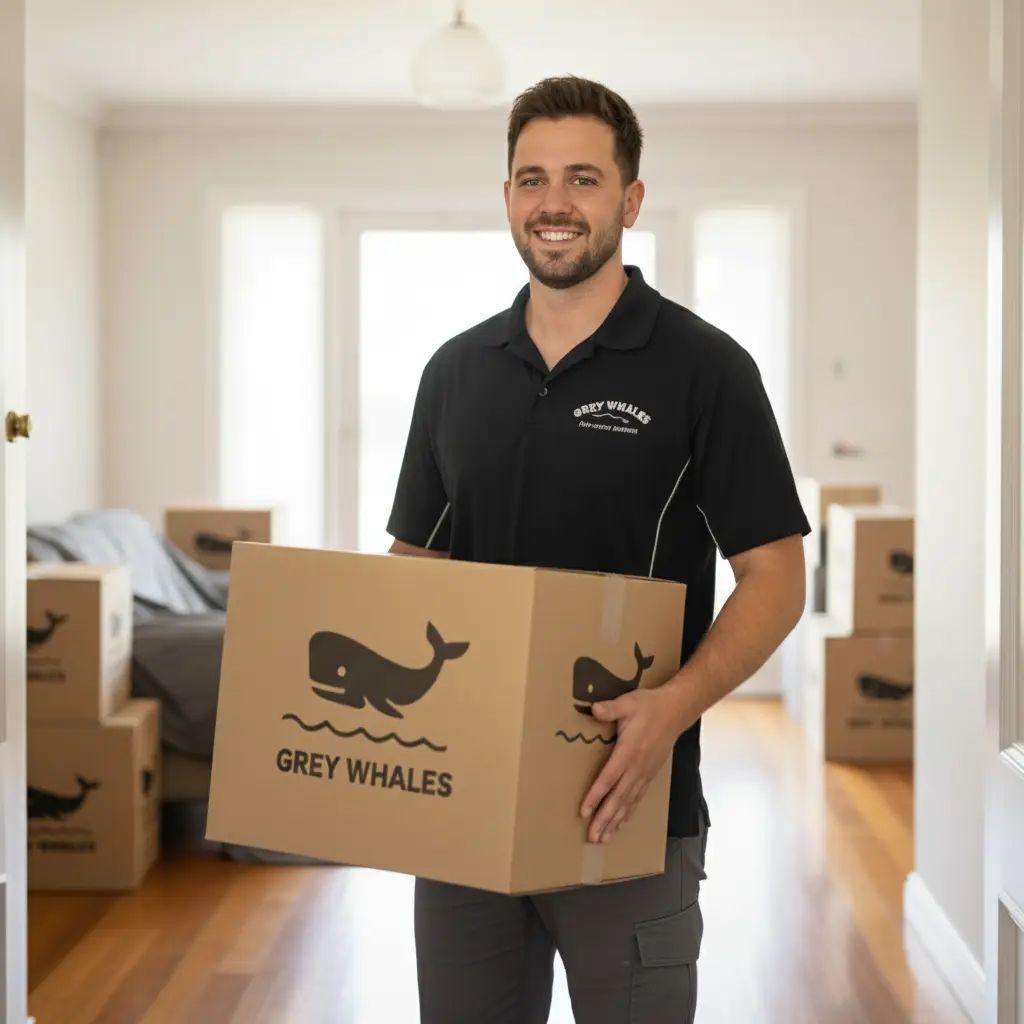 Grey Whales Removals mover carrying a branded Grey Whales moving box through a Sydney home