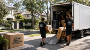Grey Whales Removals team loading boxes into a moving truck outside a Sydney home
