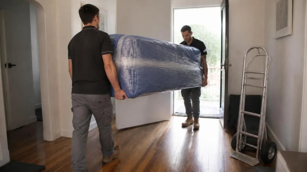 Movers carrying a sofa wrapped in moving blankets through a doorway during a furniture removal