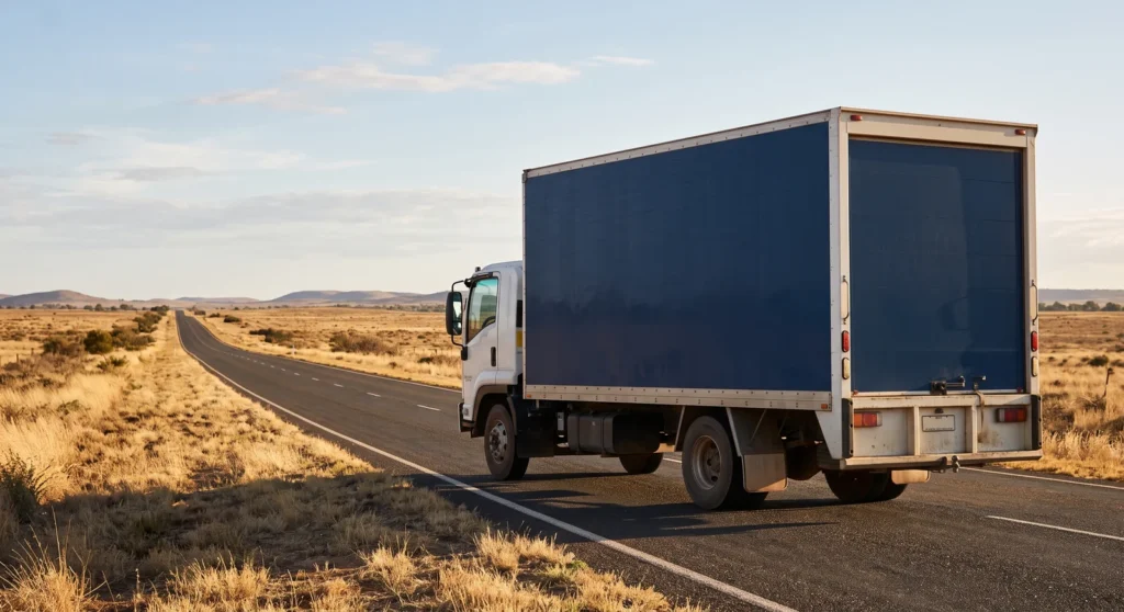 Grey Whales Removals moving truck driving on a rural highway for interstate removals
