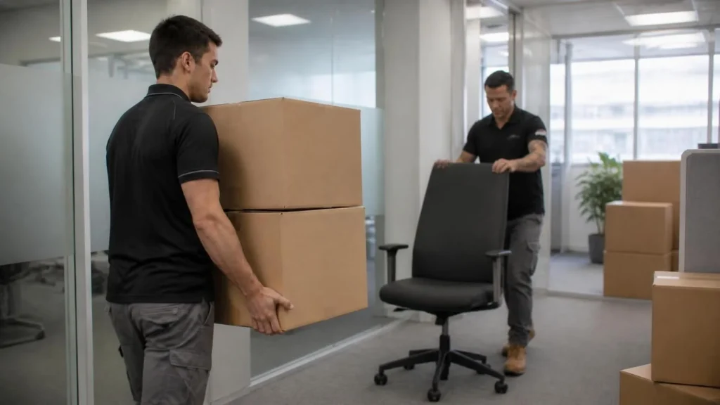Movers carrying boxes and an office chair during an office relocation Title: Office Relocation Service – Grey Whales Removals