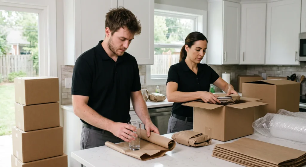 Movers packing kitchen glassware and dishes into boxes during a packing and unpacking service
