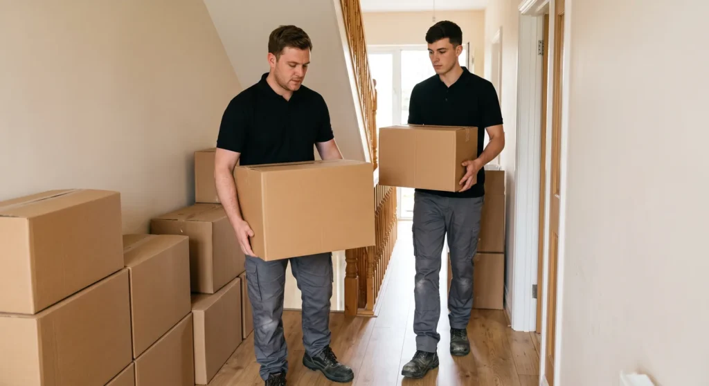 Two movers carrying cardboard boxes through a hallway during a residential move