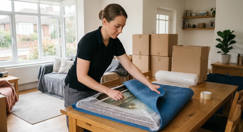 Mover carefully wrapping a framed painting for a white glove moving service